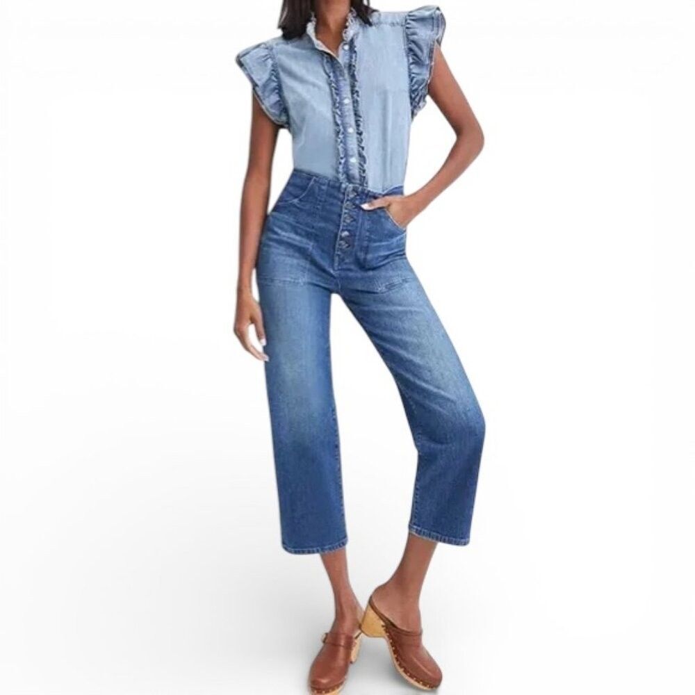 Veronica Beard Crosbie High Rise Cropped Wide Leg Jeans Button Fly Size 32